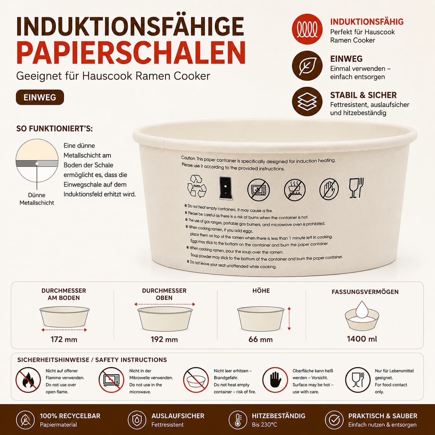 Induktionsfähige Papierschalen ohne Logo (300 Stk.)