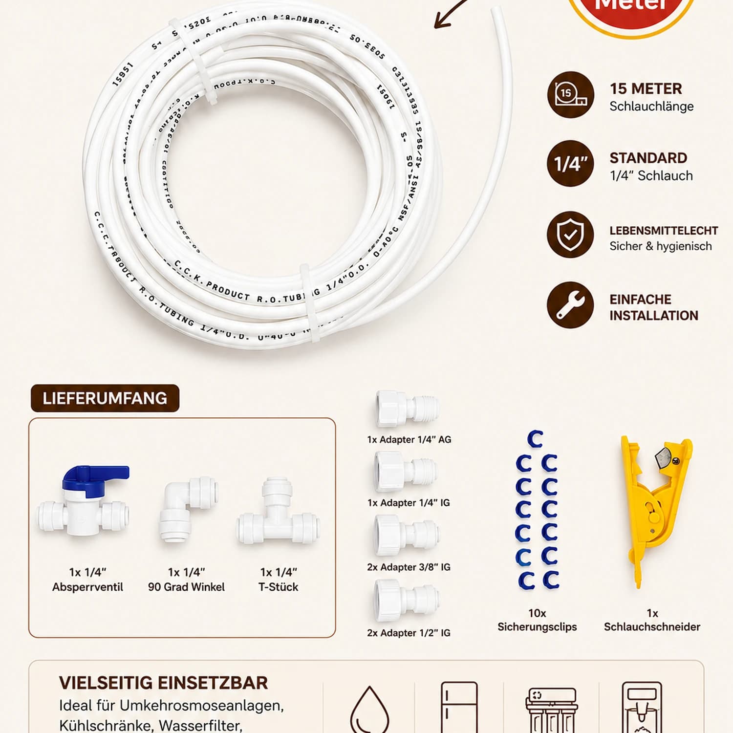 Wasserschlauch-Set 15m inkl. Adapterzubehör